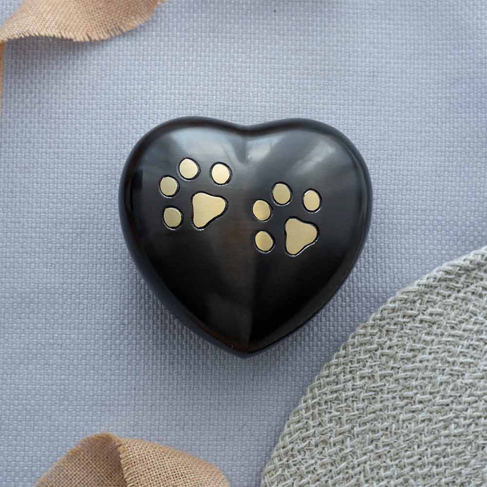 Brushed Metal Heart Keepsake Urn for Ashes with Paw Print Motif 400ml on Cloth