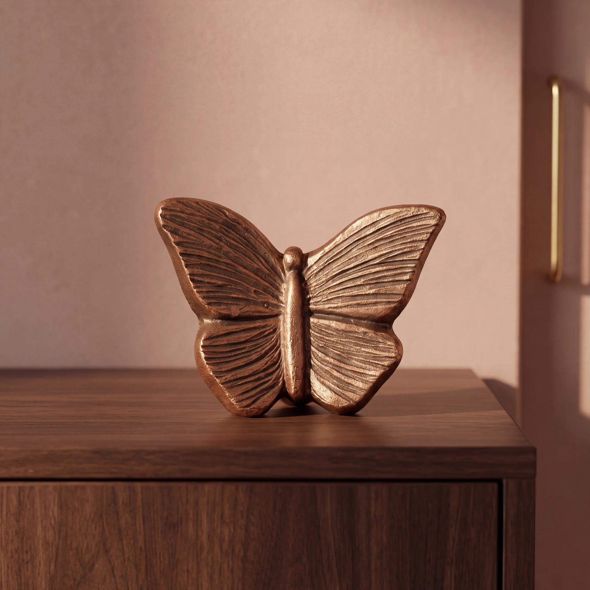 Butterfly-Keepsake-Urn-for-Ashes-in-Bronze-Walnut-Sideboard
