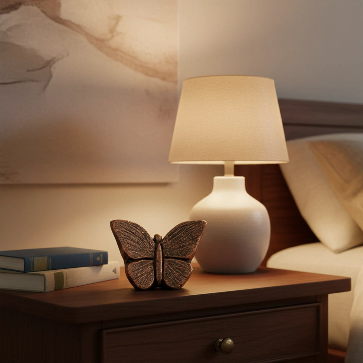 Butterfly Keepsake Urn for Ashes in Bronze on Bedside Table