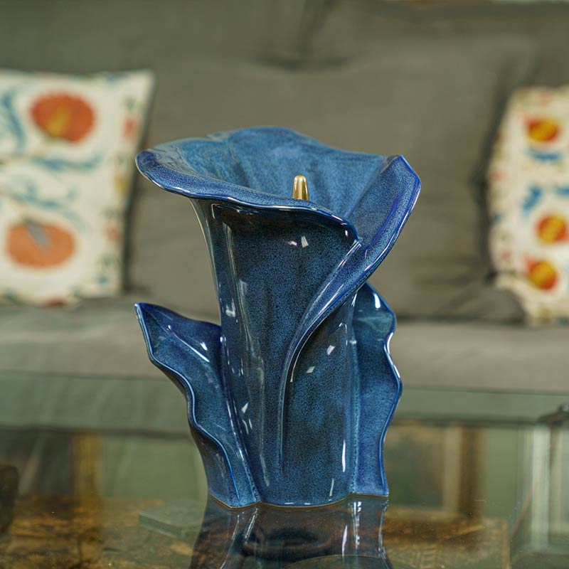 Calla Lilly Medium Cremation Urn for Ashes Blue Side View on Coffee Table