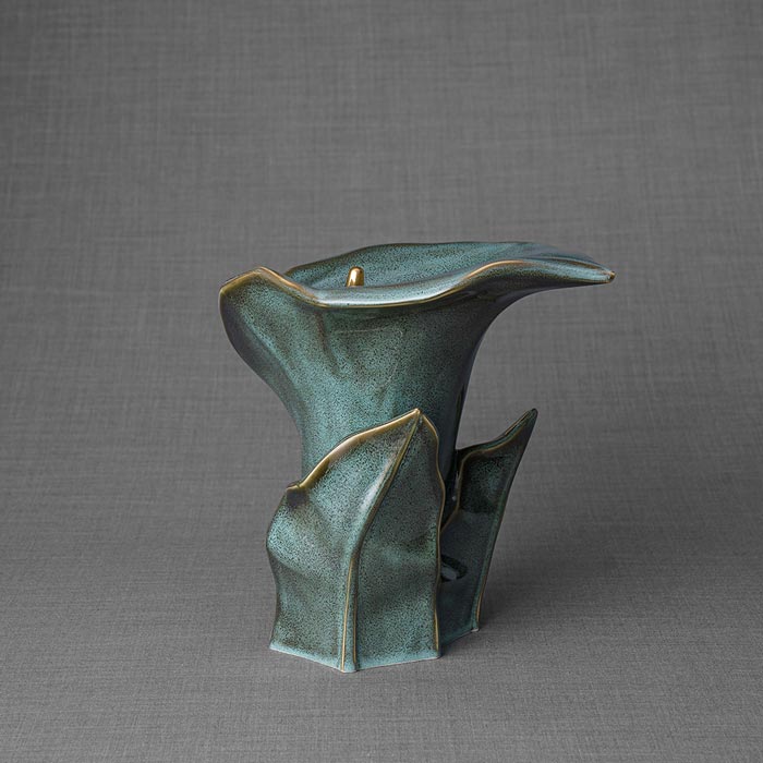 Calla Lilly Medium Cremation Urn for Ashes Oily Green Angled View