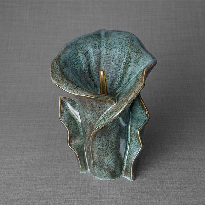 Calla Lilly Medium Cremation Urn for Ashes Oily Green Top View