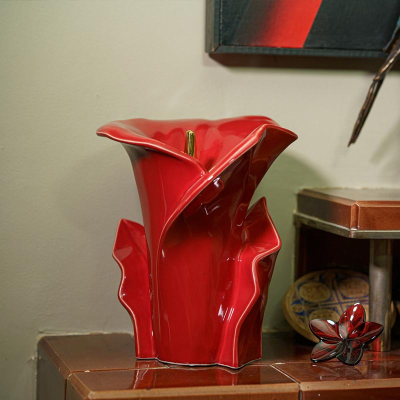 Calla Lilly Medium Cremation Urn for Ashes Red on Shelf