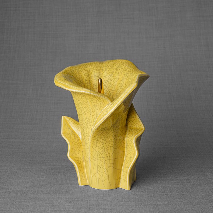 Calla Lilly Medium Cremation Urn for Ashes Yellow Crackle Glaze Front View