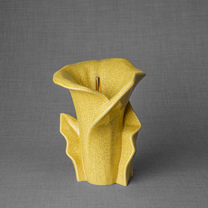 Calla Lily Medium Urn for Ashes in Yellow Crackle Glaze