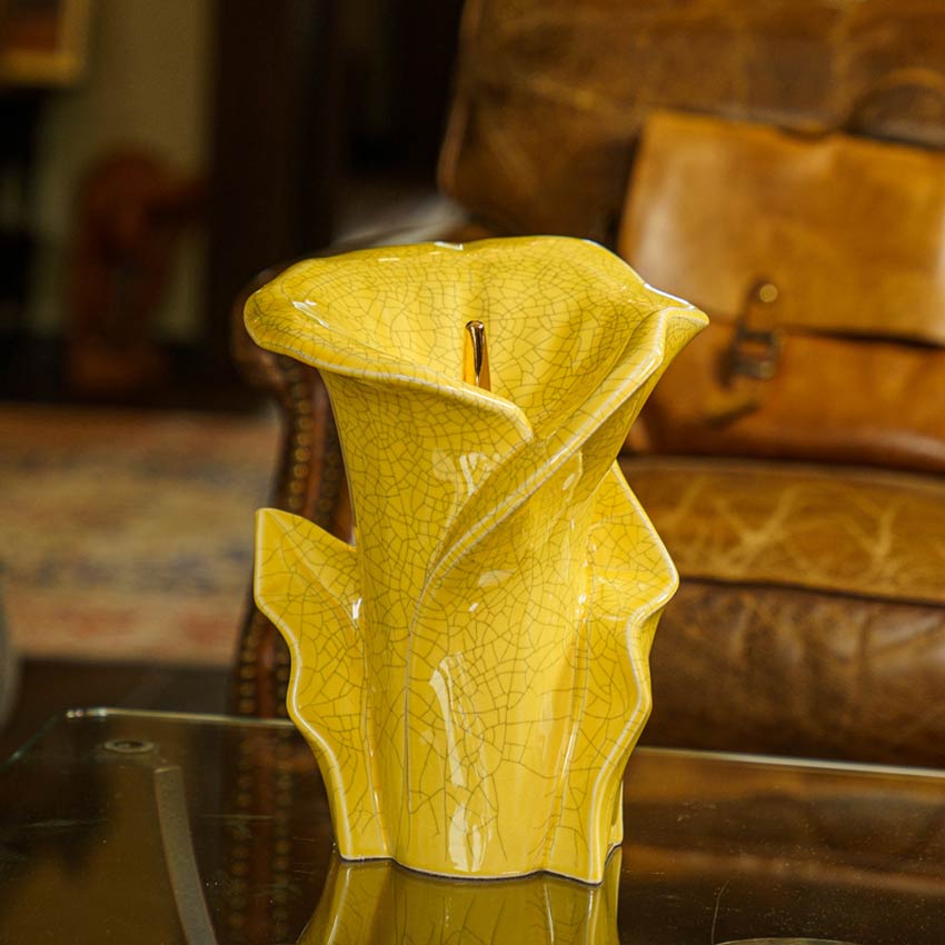Calla Lily Medium Urn for Ashes in Yellow Crackle Glaze