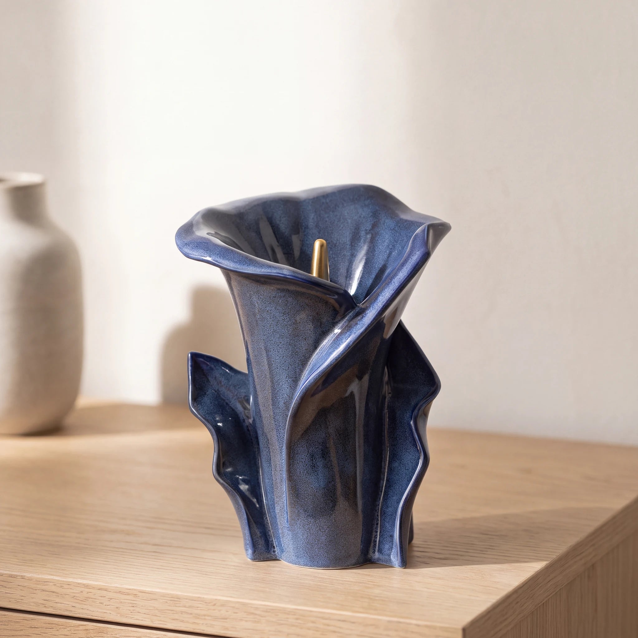 Calla-Lily-Medium-Urn-for-Ashes-in-Blue-Oak-Console