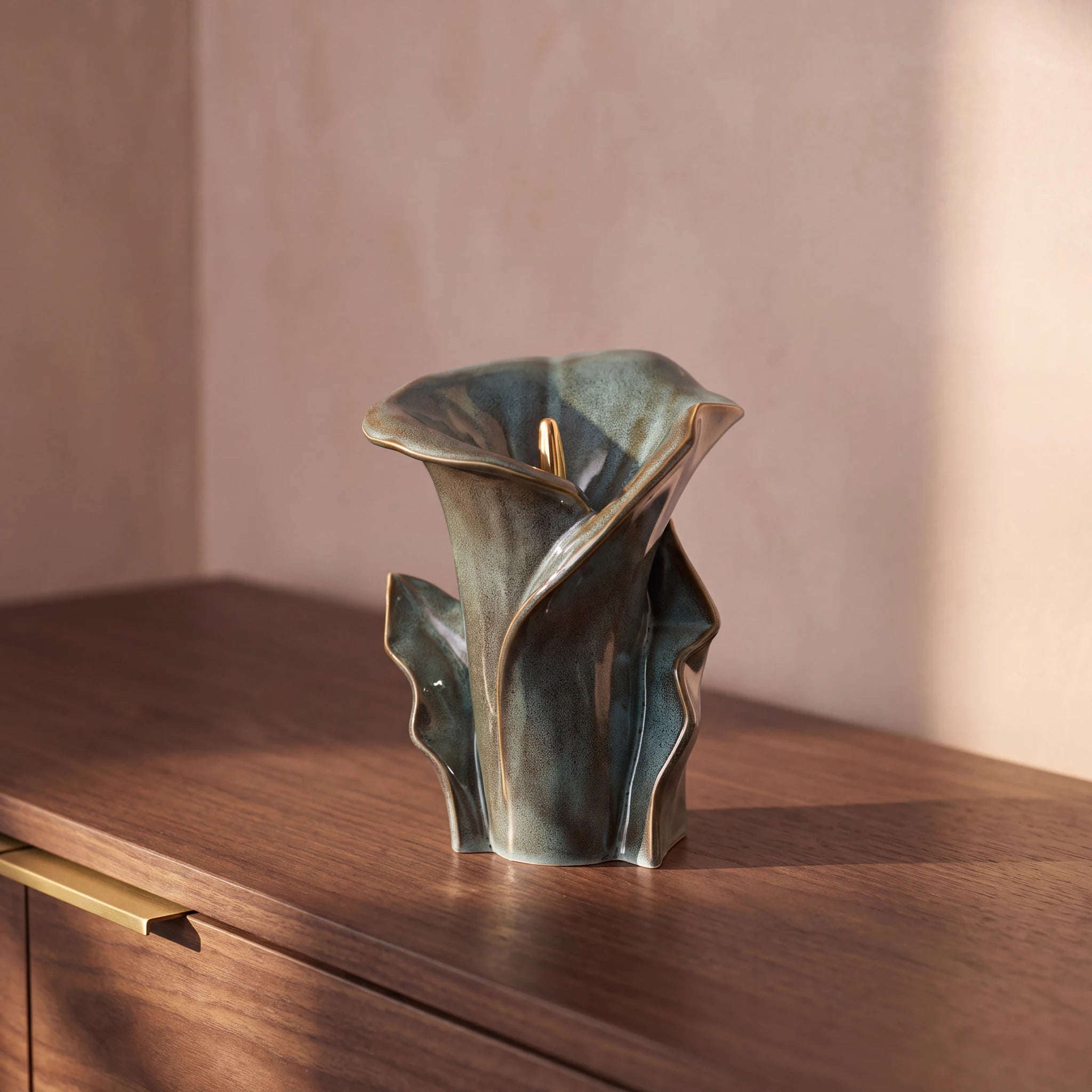 Calla-Lily-Medium-Urn-for-Ashes-in-Oily-Green-Walnut-Sideboard
