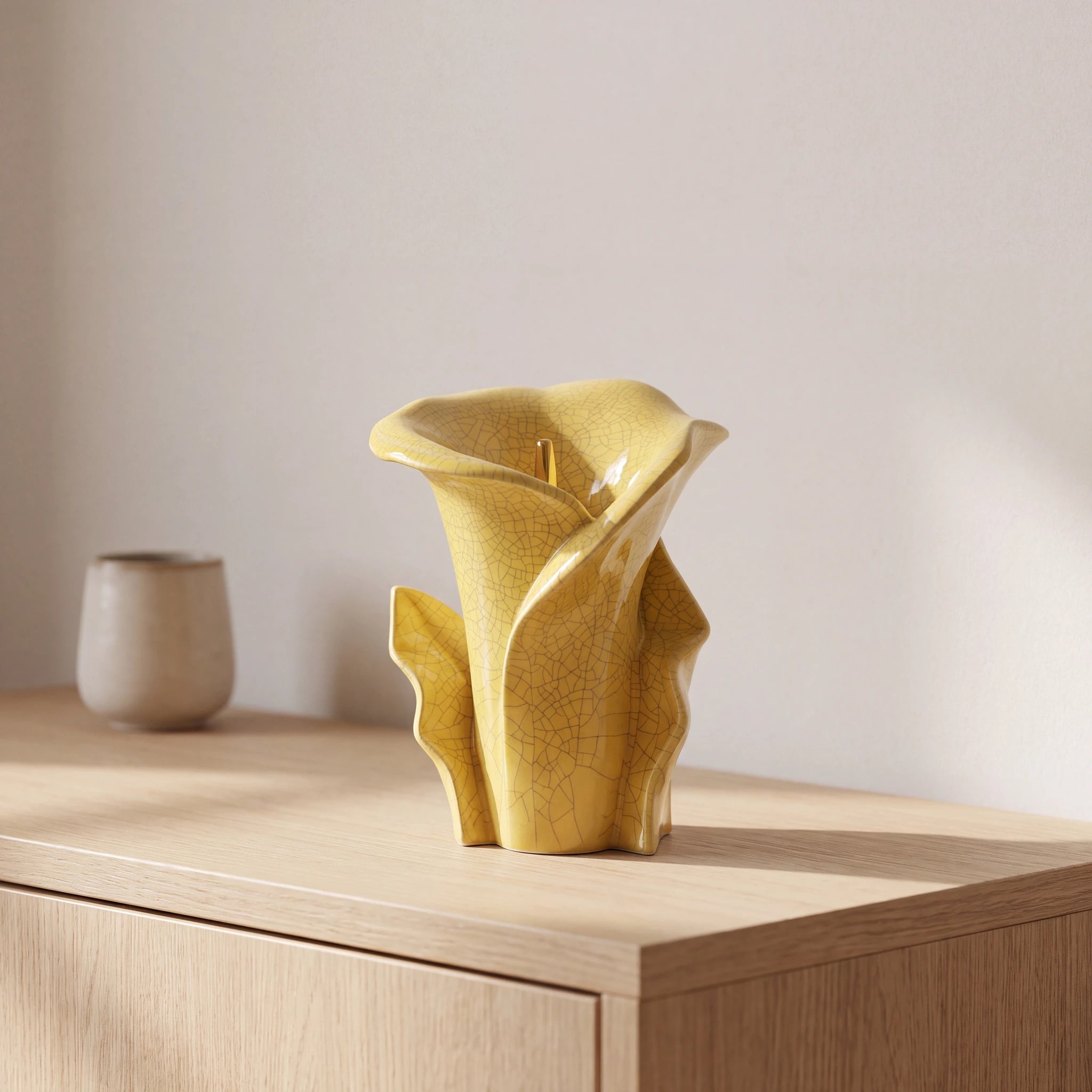 Calla-Lily-Medium-Urn-for-Ashes-in-Yellow-Crackle-Glaze-Oak-Console