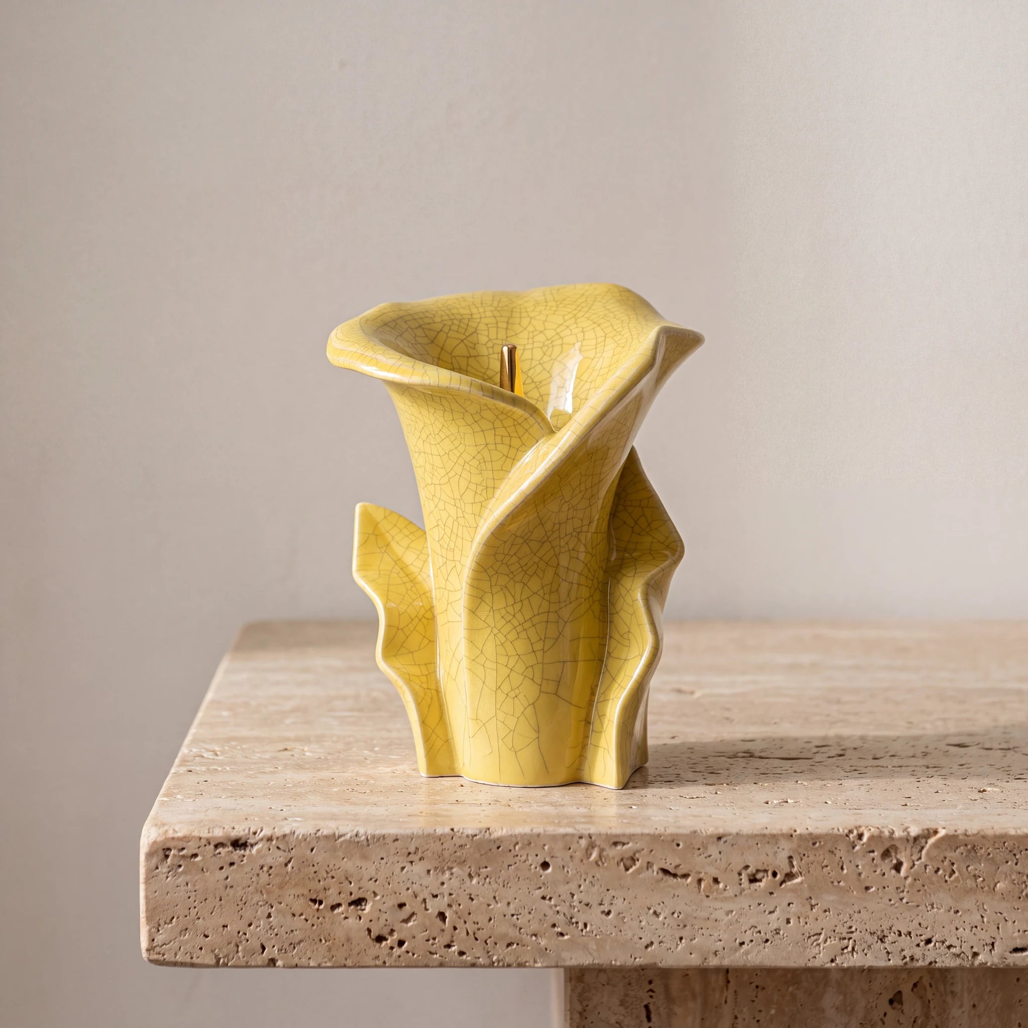 Calla-Lily-Medium-Urn-for-Ashes-in-Yellow-Crackle-Glaze-Travertine-Ledge