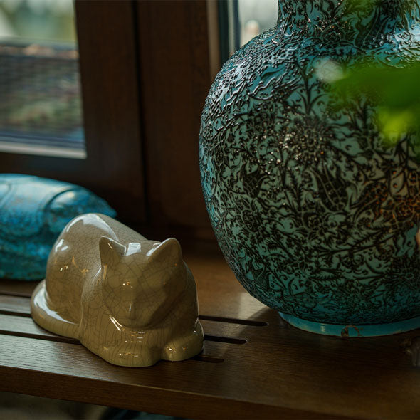 Cat Cremation Urn For Ashes Crackle Glaze Near Vase