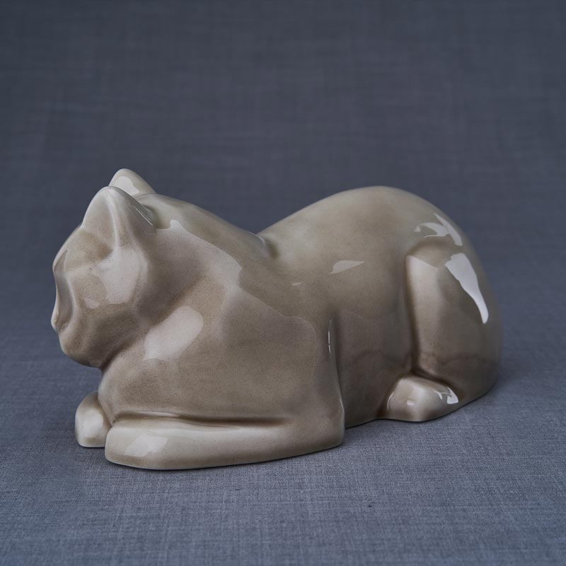 Cat Cremation Urn For Pets Ashes In Beige Grey Left View
