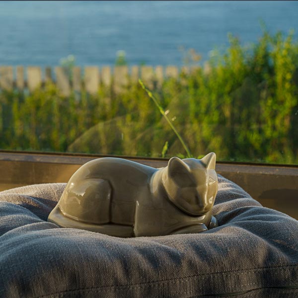 Lying Cat Urn for Ashes in Beige Grey