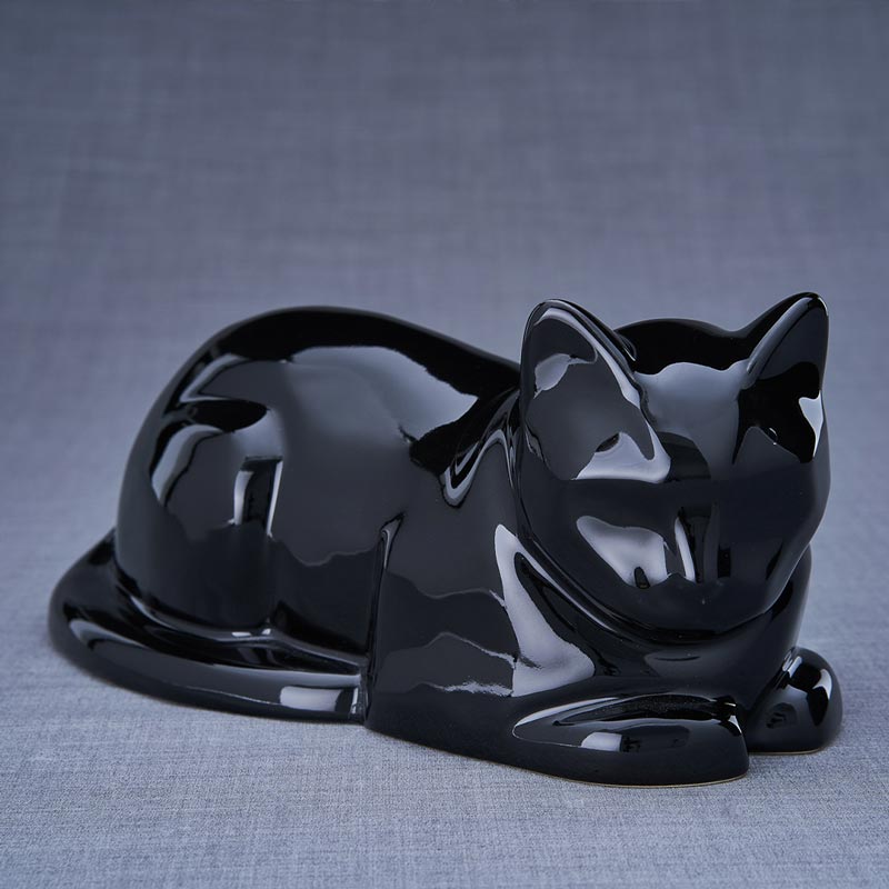 Cat Cremation Urn For Pets Ashes In Glossy Black Front View