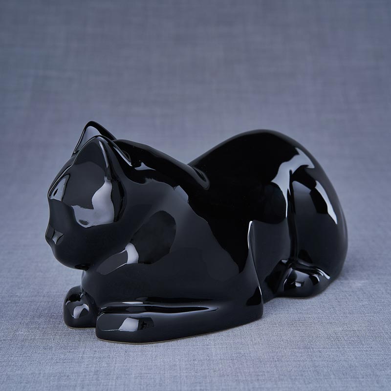 Cat Cremation Urn For Pets Ashes In Glossy Black Left View