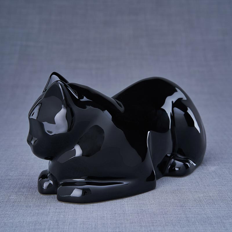 Lying Cat Urn for Ashes in Glossy Black