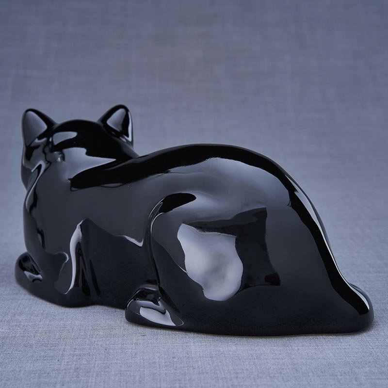 Cat Cremation Urn For Pets Ashes In Glossy Black Rear View