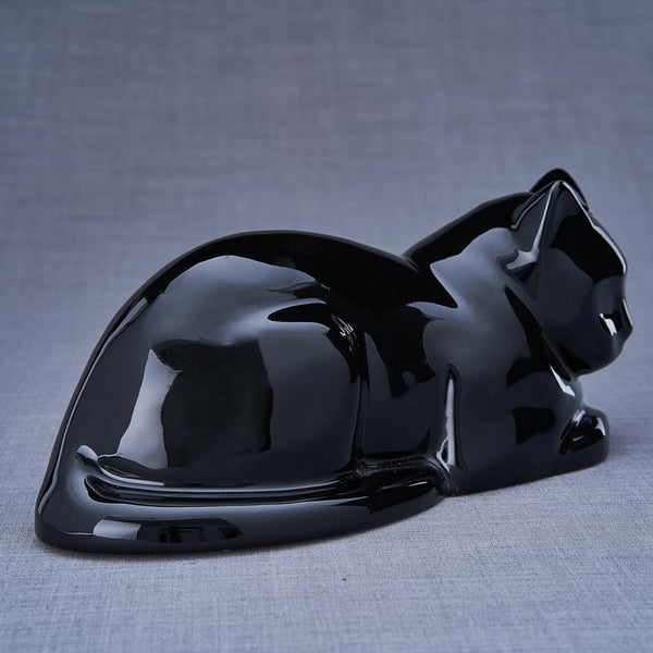 Lying Cat Urn for Ashes in Glossy Black