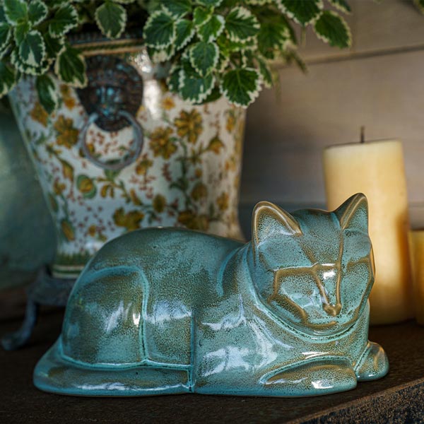 Cat Cremation Urn For Pets Ashes In Oily Green On Shelf