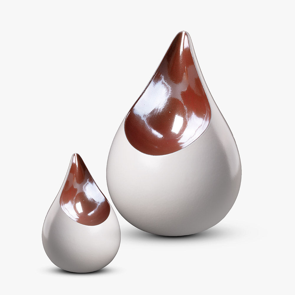 Celest Teardrop Cremation Urn in White and Brown Set Apart