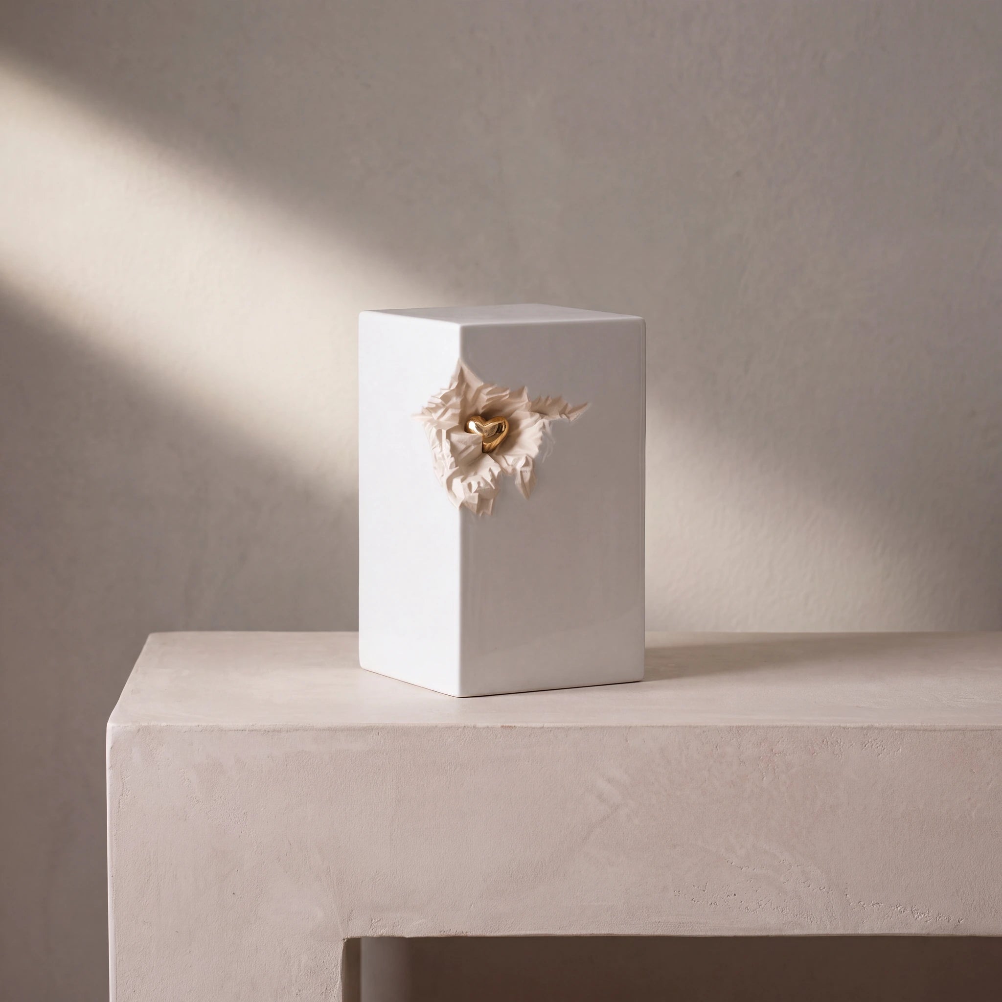 Cherished Heart Cremation Urn for Ashes in White and Gold