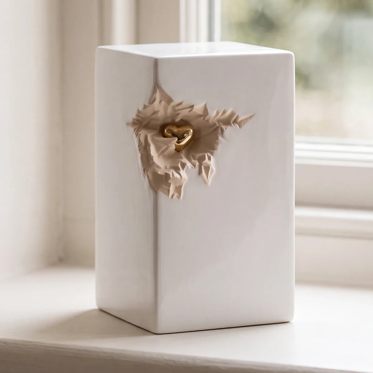 Cherished Heart Cremation Urn for Ashes in White and Gold