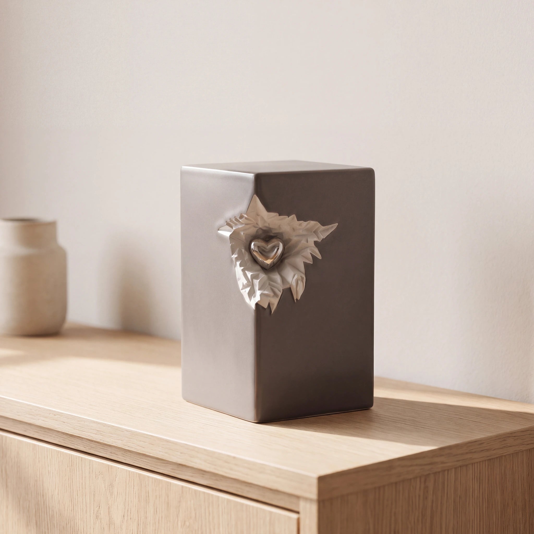 Cherished-Heart-Medium-Urn-for-Ashes-in-Grey-and-Silver-Oak-Console