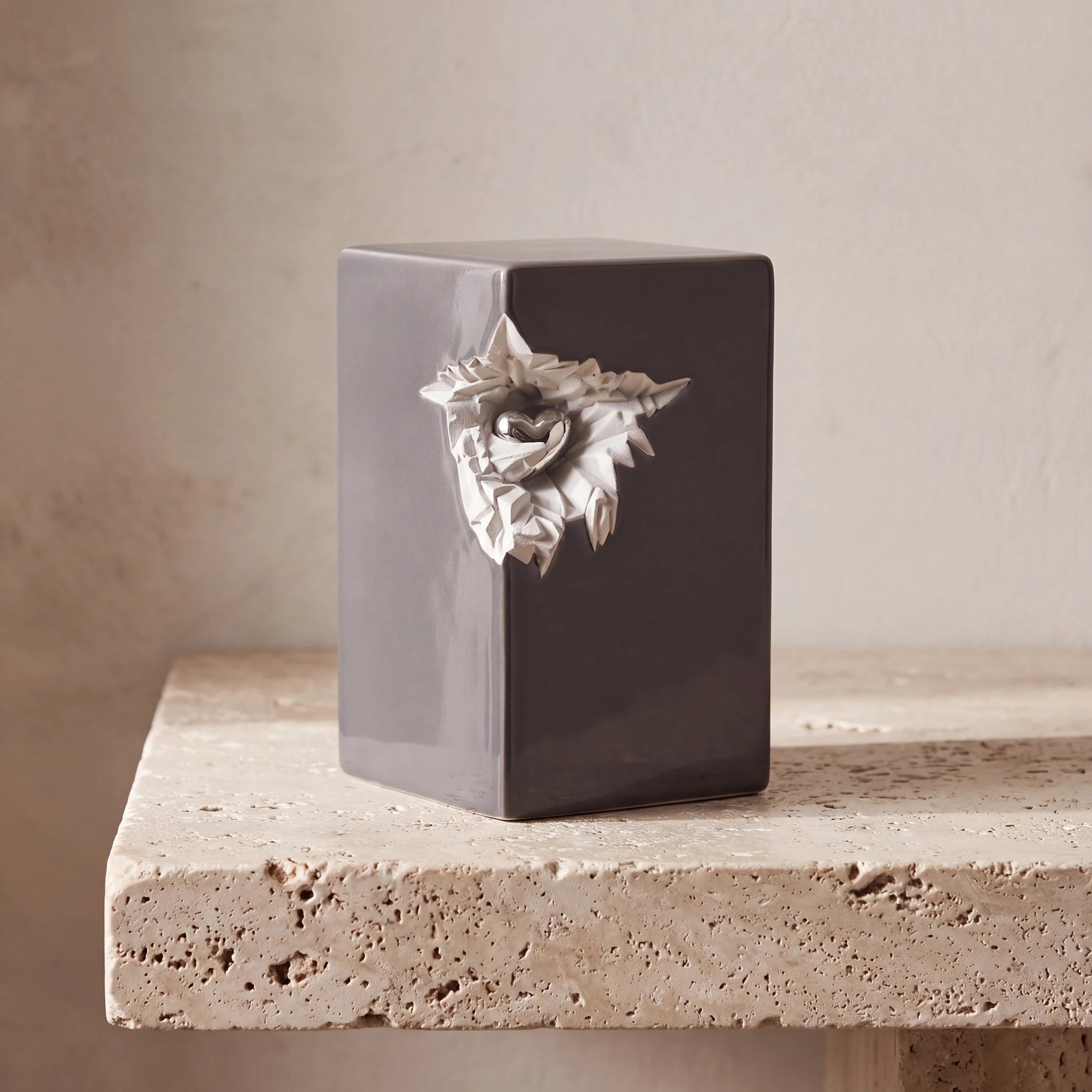 Cherished-Heart-Medium-Urn-for-Ashes-in-Grey-and-Silver-Travertine-Ledge
