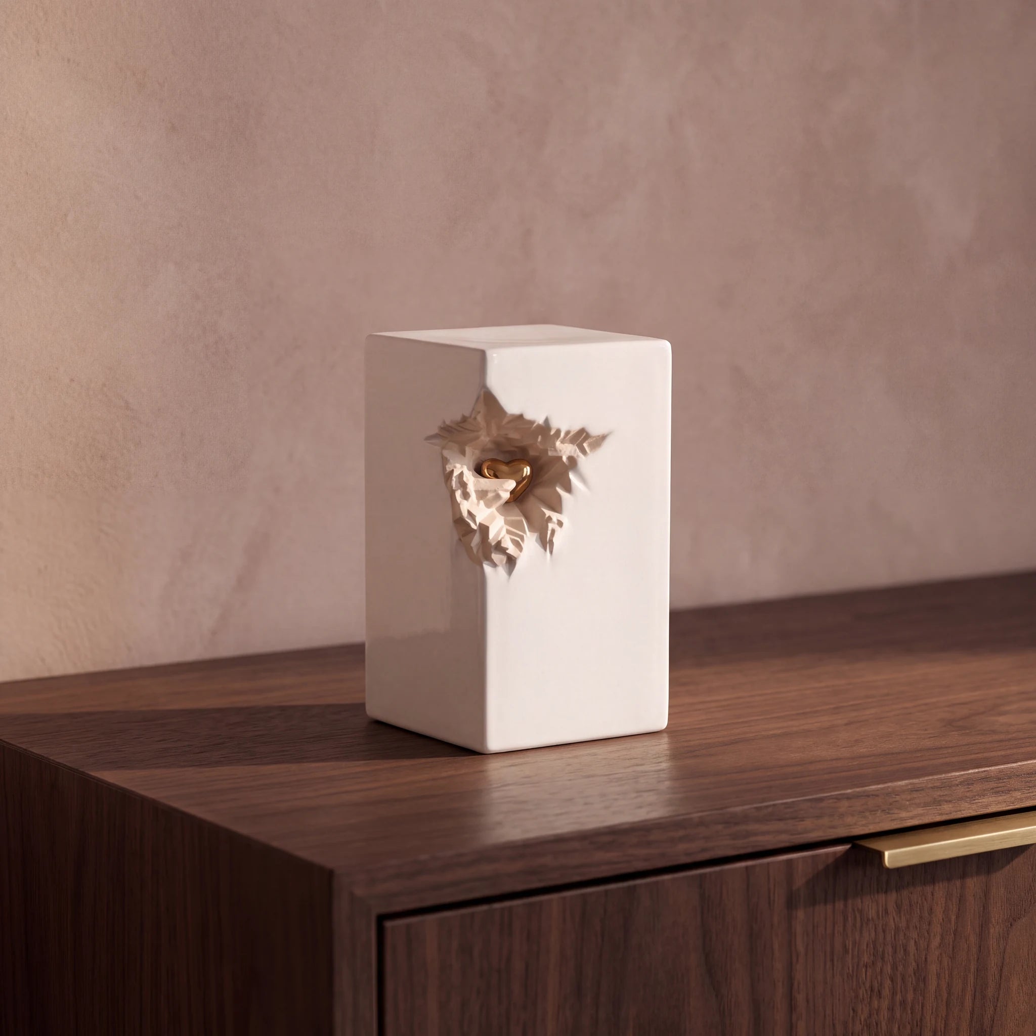 Cherished-Heart-Medium-Urn-for-Ashes-in-White-and-Gold-Walnut-Sideboard
