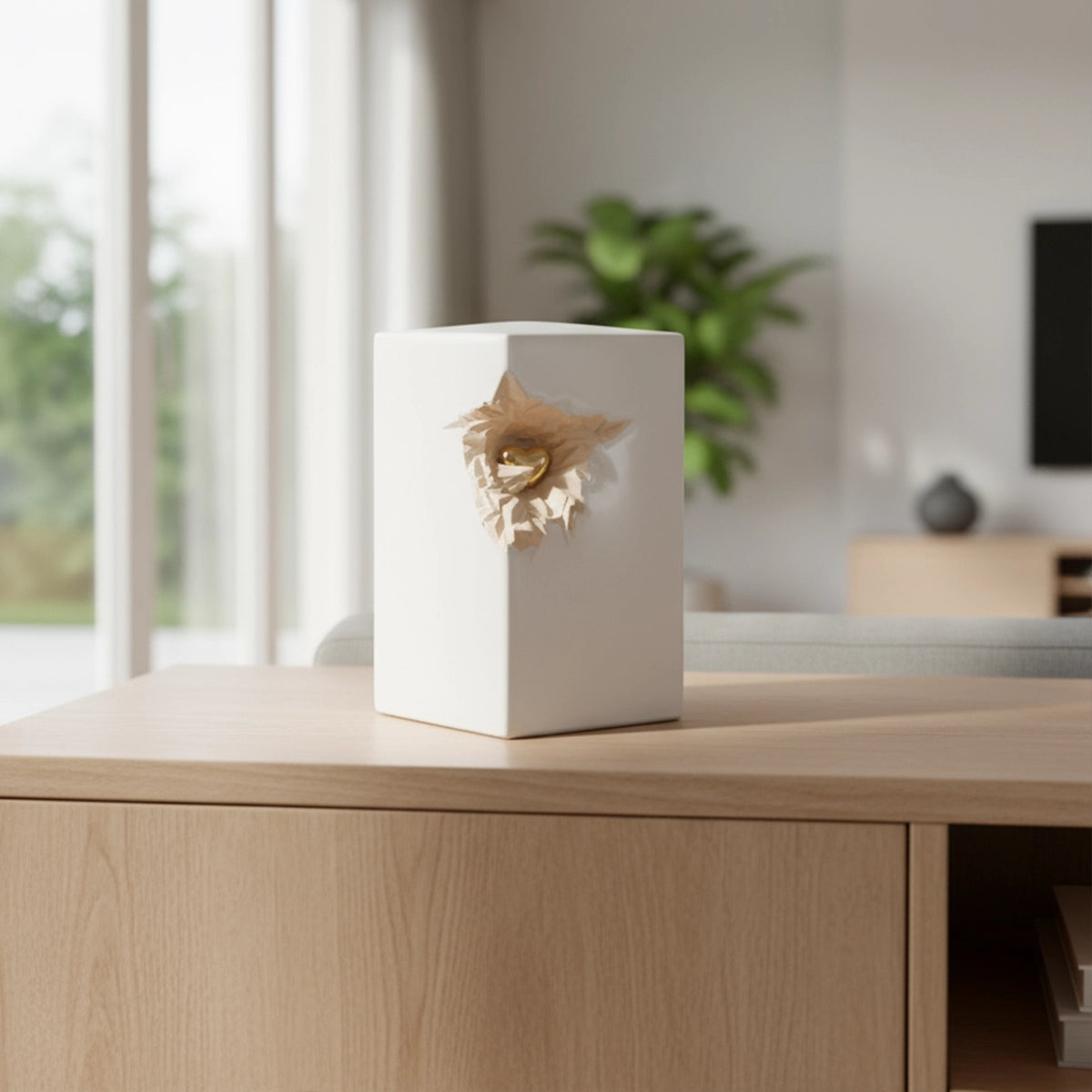 Cherished Heart Medium Urn for Ashes in White and Gold