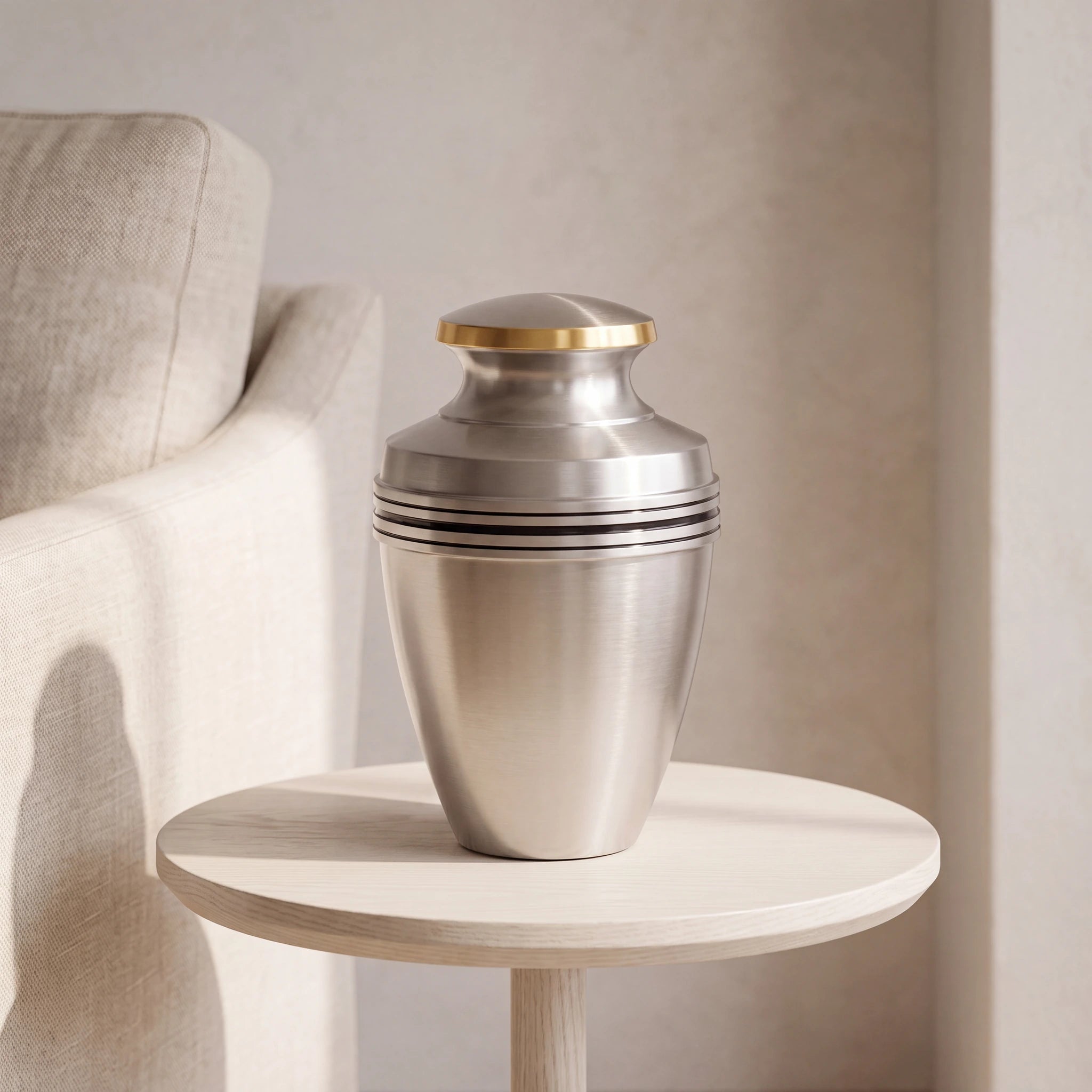 Classic Band Metal Adult Cremation Urn for Ashes in Brushed Silver and Gold