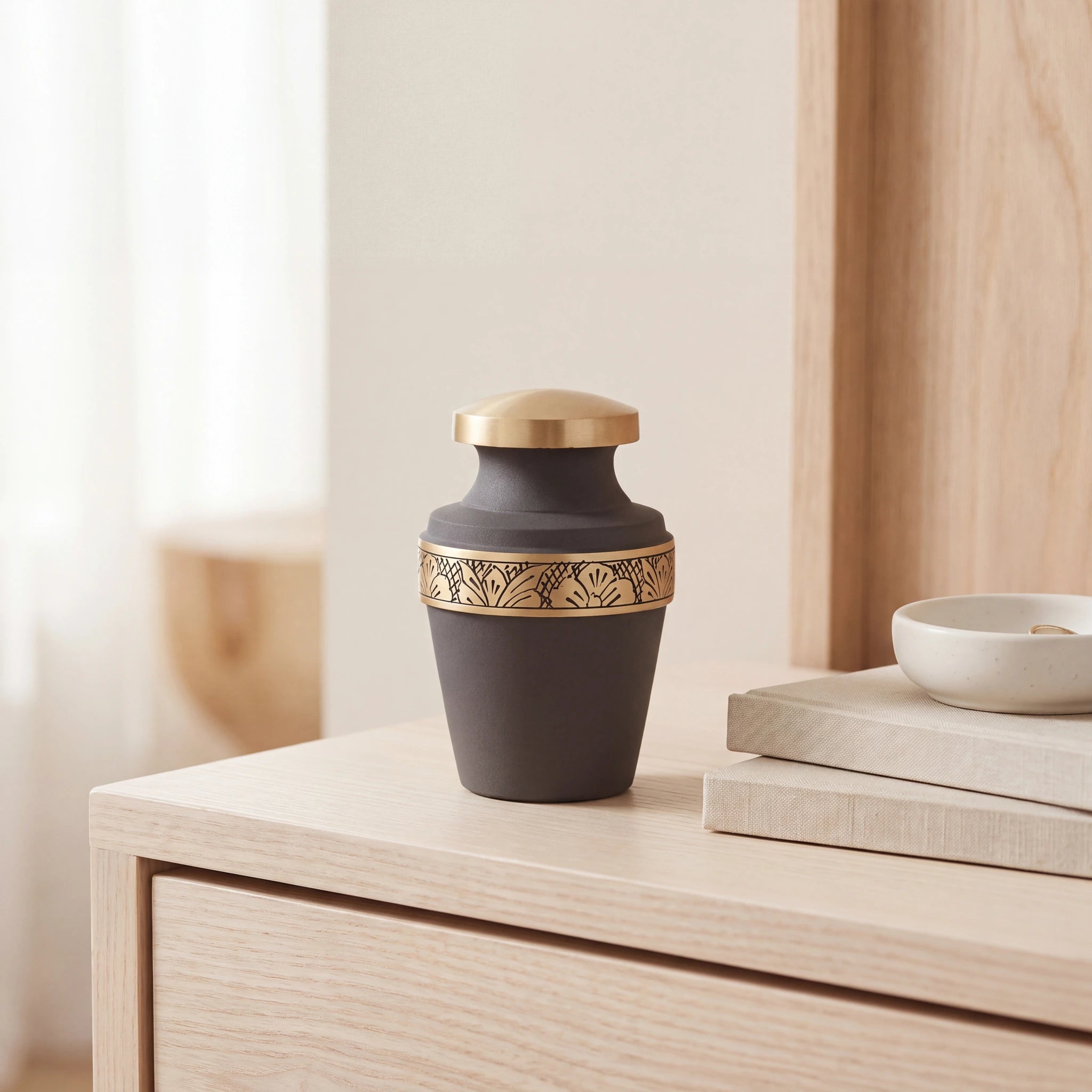 Classic-Band-Metal-Keepsake-Urn-for-Ashes-in-Taupe-and-Gold-keepsake_books_dish