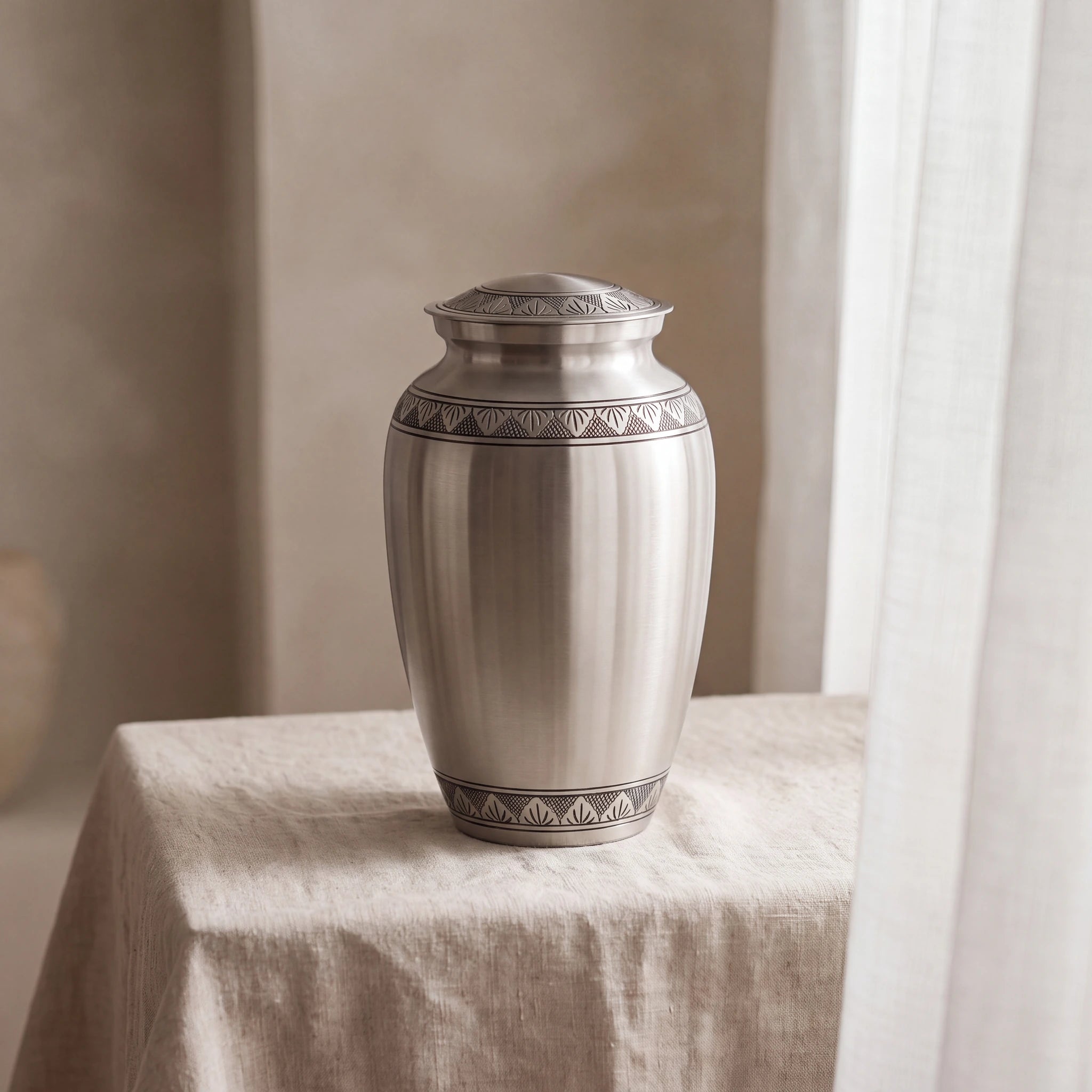 Classic Metal Adult Cremation Urn for Ashes in Brushed Silver