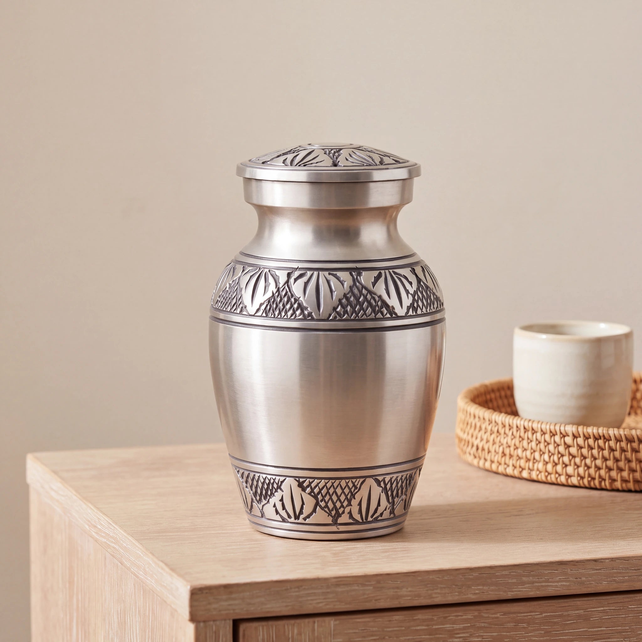 Classic-Metal-Keepsake-Urn-for-Ashes-in-Brushed-Silver-Cane-Tray