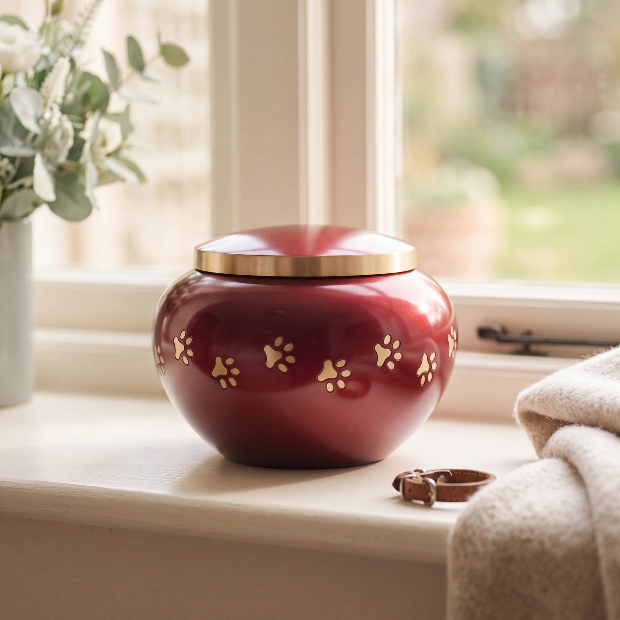 Classic-Pawprints-Pet-Urn-for-Ashes-in-Burgundy-Silver-Large-pet_sunny_sill