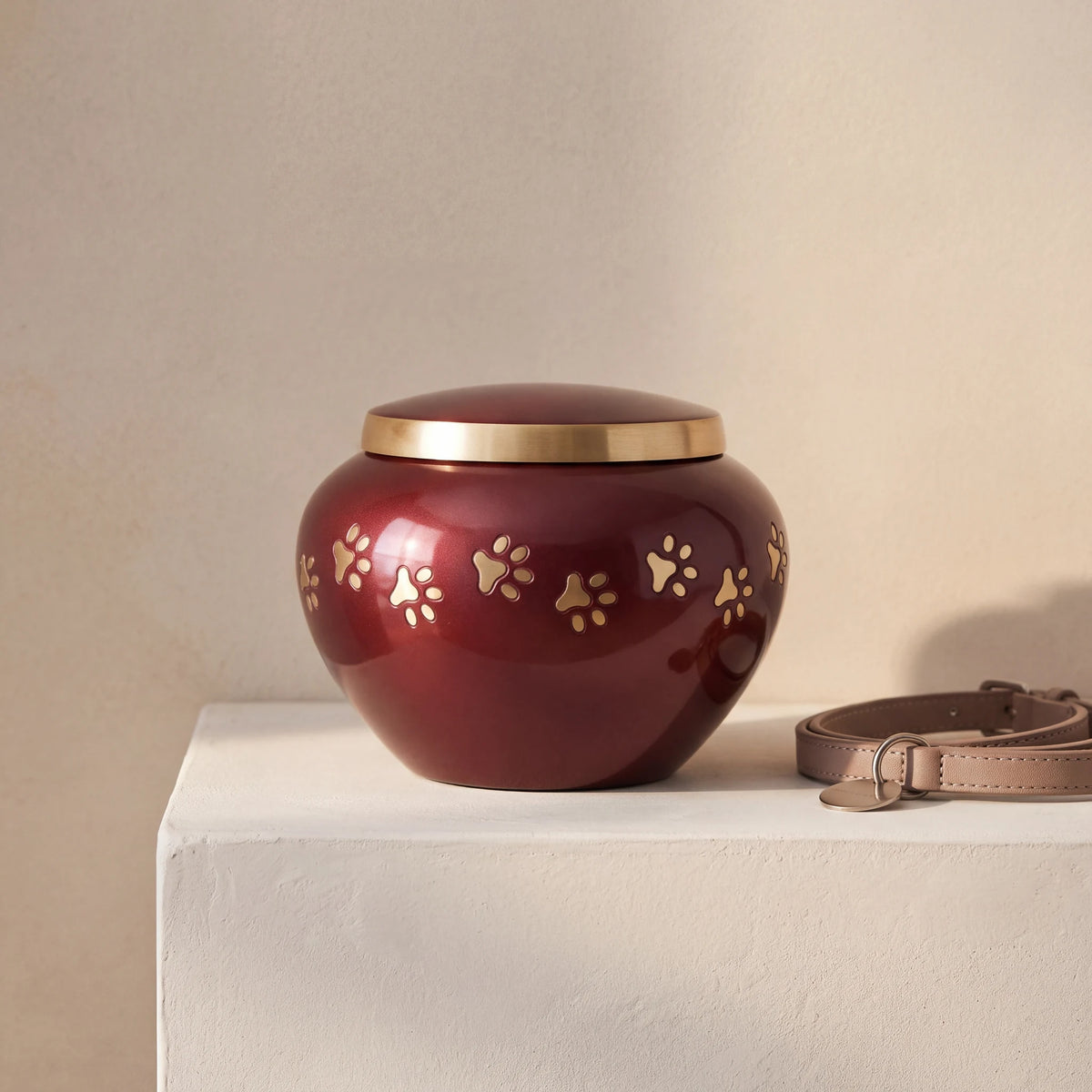 Classic-Pawprints-Pet-Urn-for-Ashes-in-Burgundy-Silver-Medium-pet_collar_ledge