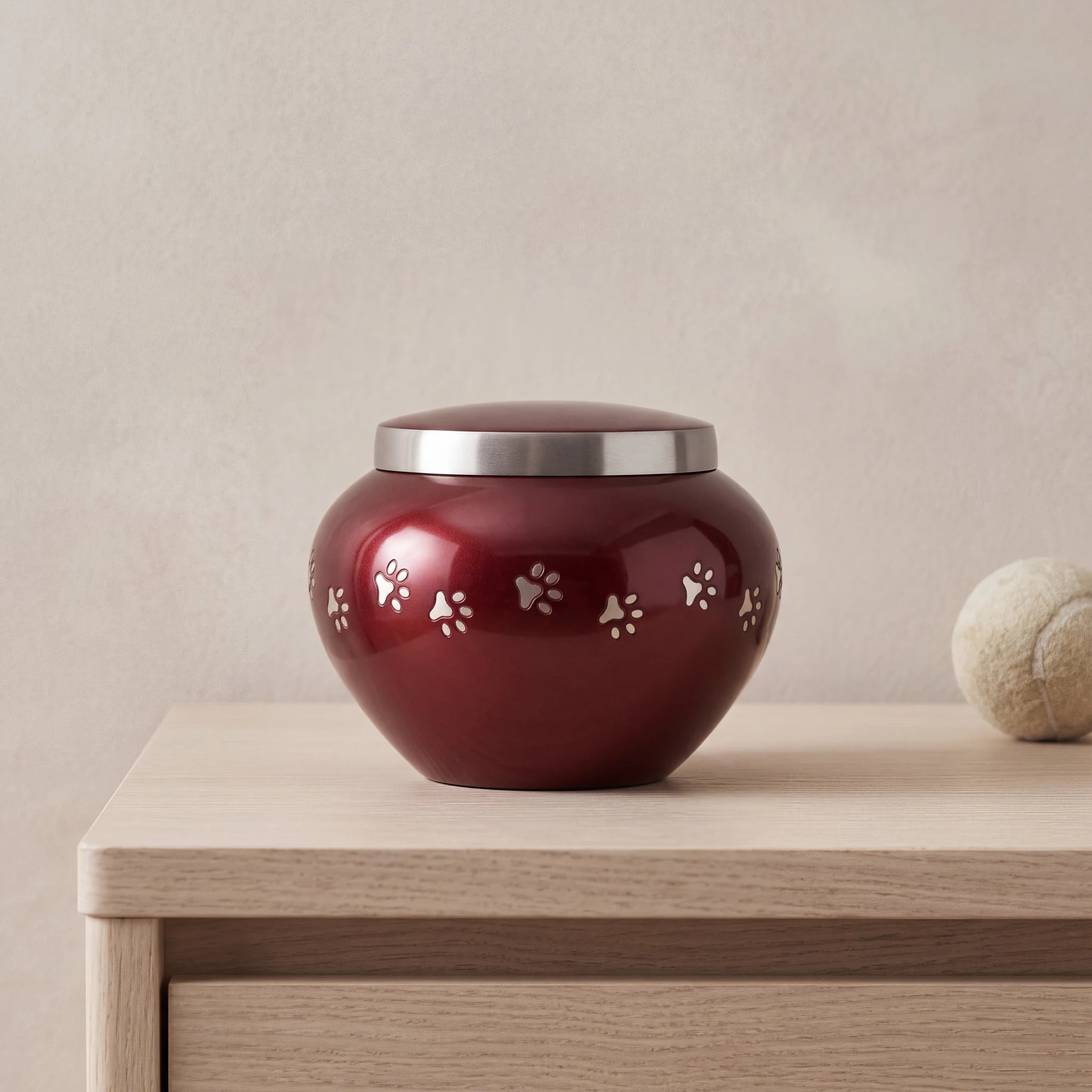 Classic-Pawprints-Pet-Urn-for-Ashes-in-Burgundy-Silver-Small-pet_console_ball