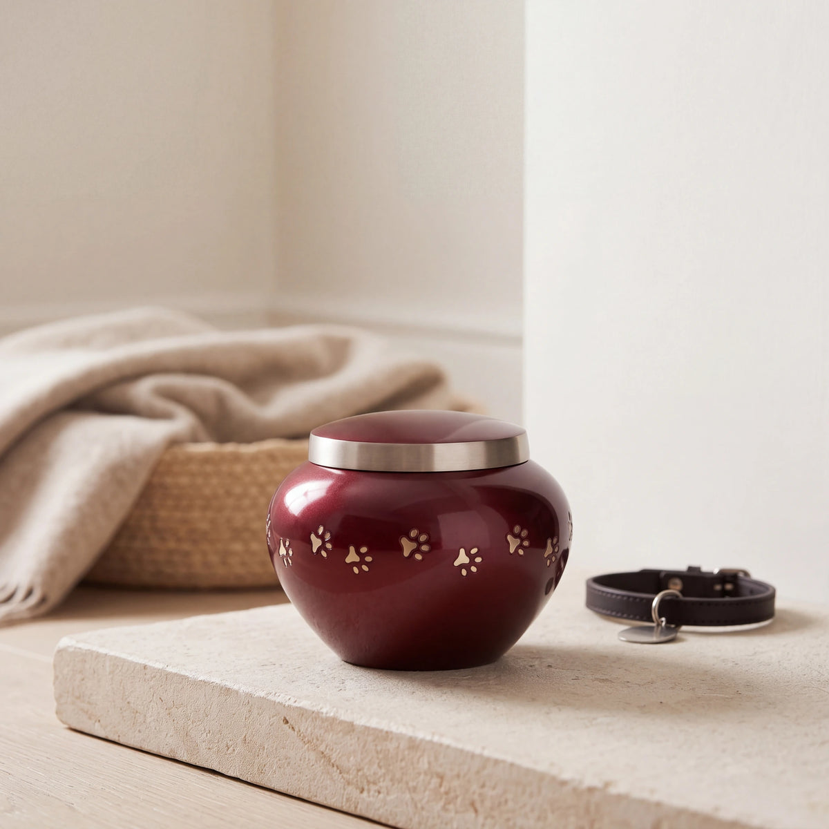 Classic-Pawprints-Pet-Urn-for-Ashes-in-Burgundy-Silver-Small-pet_hearth_basket