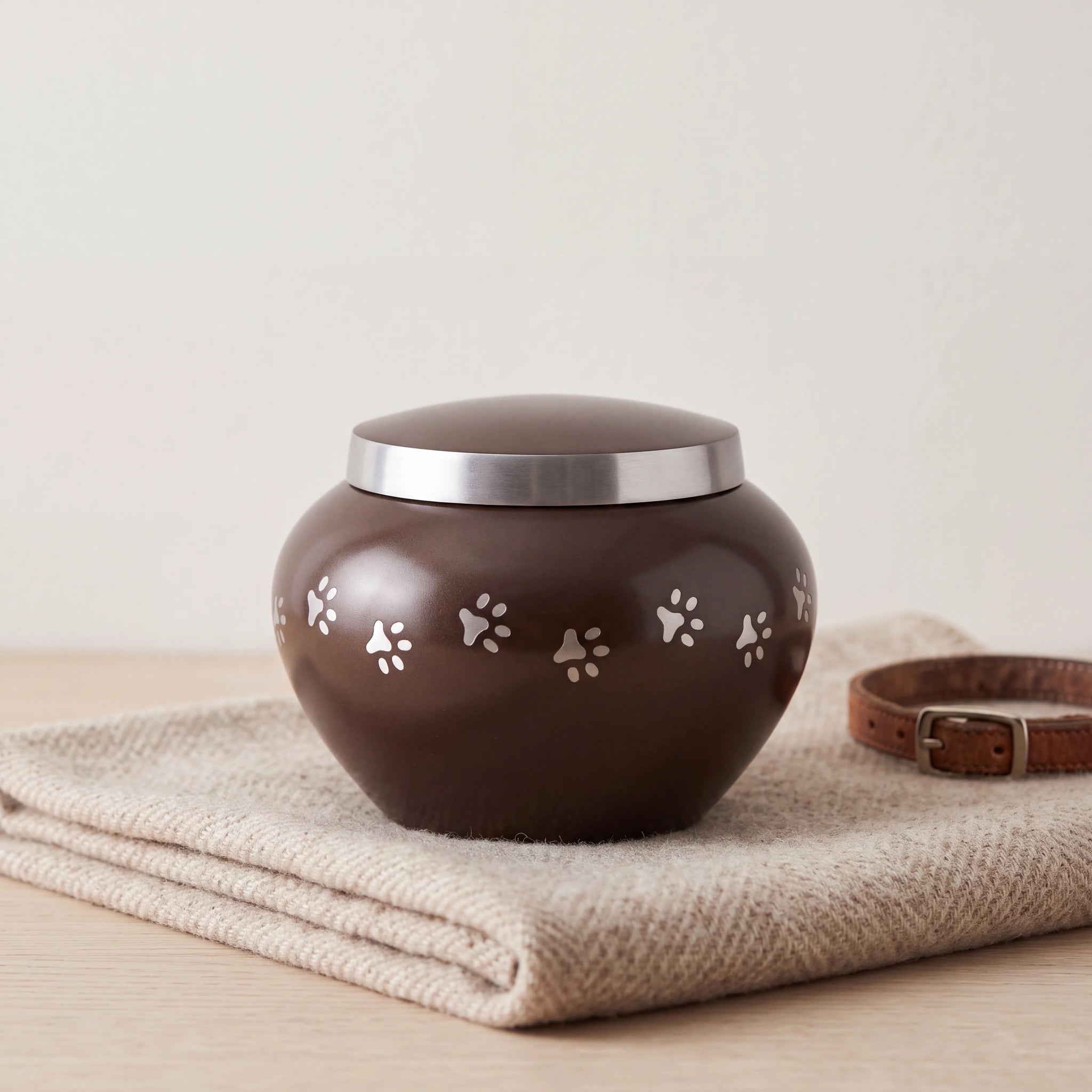 Classic-Pawprints-Pet-Urn-for-Ashes-in-Dark-Brown-Silver-Medium-pet_blanket_fold
