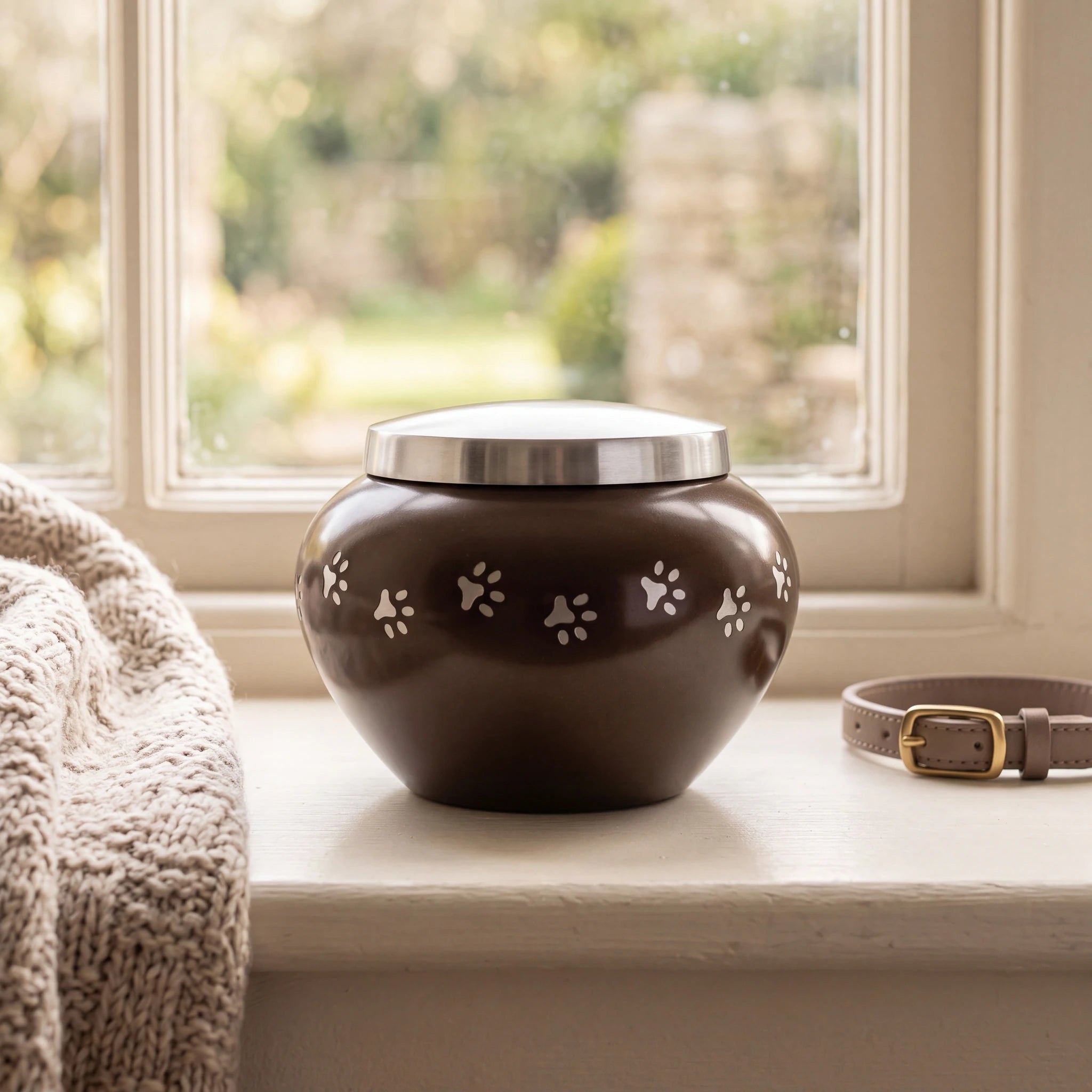 Classic-Pawprints-Pet-Urn-for-Ashes-in-Dark-Brown-Silver-Small-pet_sunny_sill
