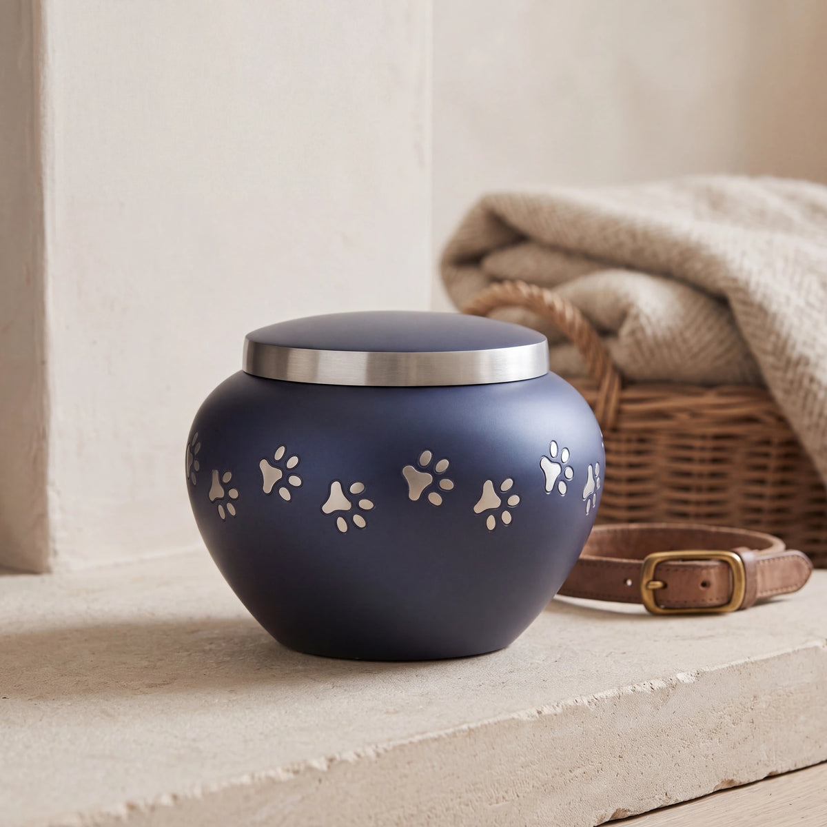 Classic-Pawprints-Pet-Urn-for-Ashes-in-Midnight-Blue-Silver-Medium-pet_hearth_basket