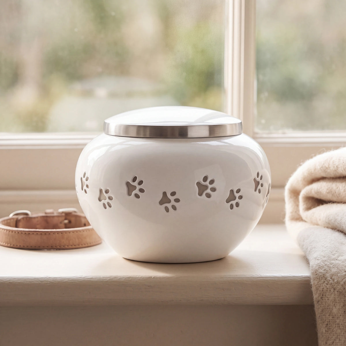 Classic-Pawprints-Pet-Urn-for-Ashes-in-White-Silver-Large-pet_sunny_sill
