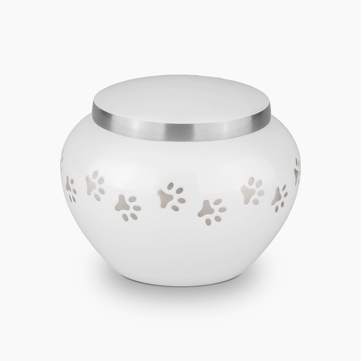 Classic Pawprints Pet Urn for Ashes in White and Silver Medium