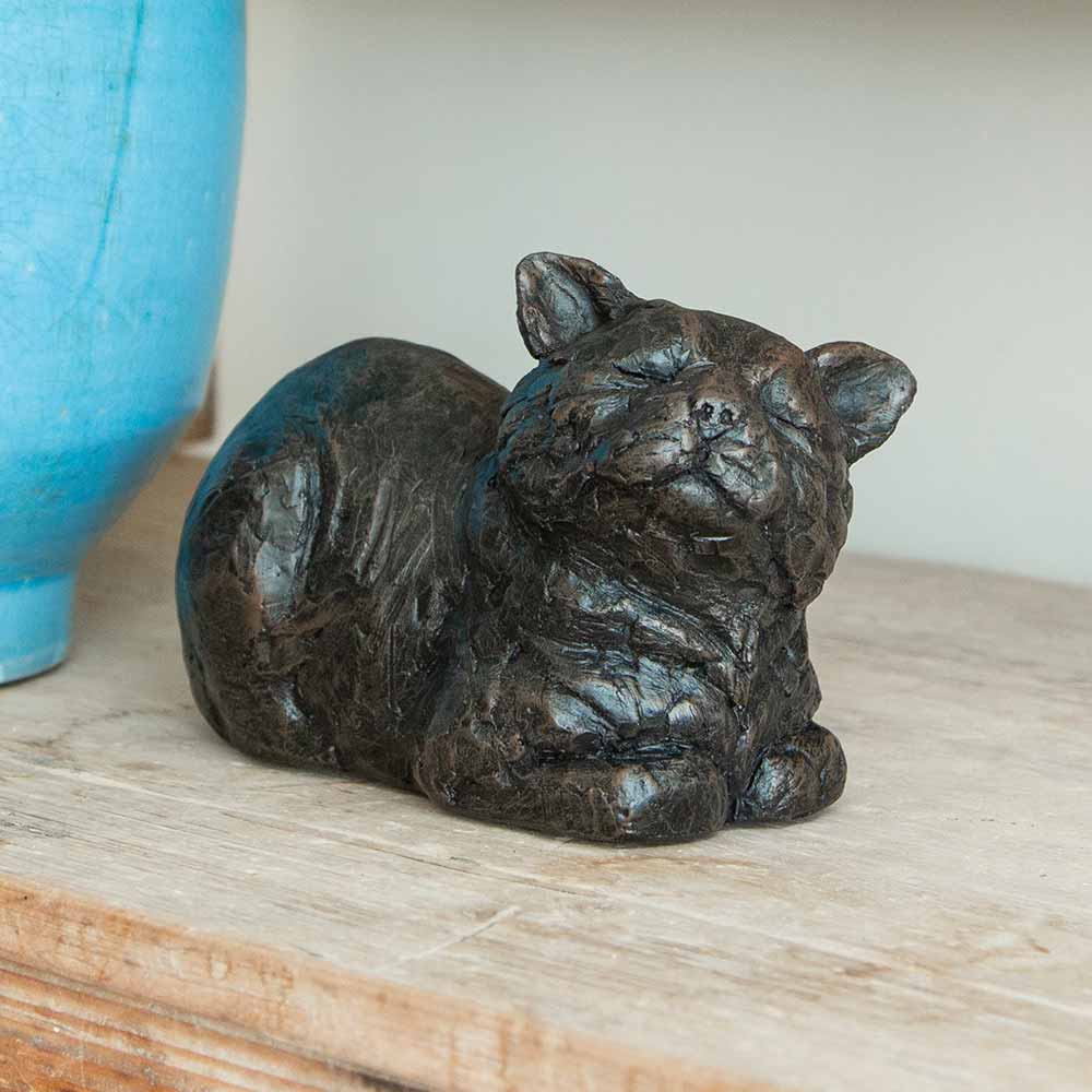 Contented Cat Urn for Ashes Shelf Blue in Daylight