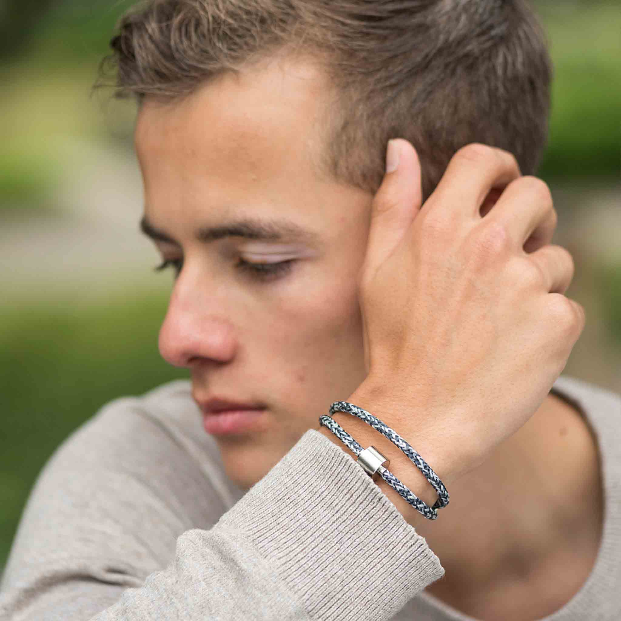 Corded Ashes Bracelet for Men in Denim Blue on Wrist Smart Casual