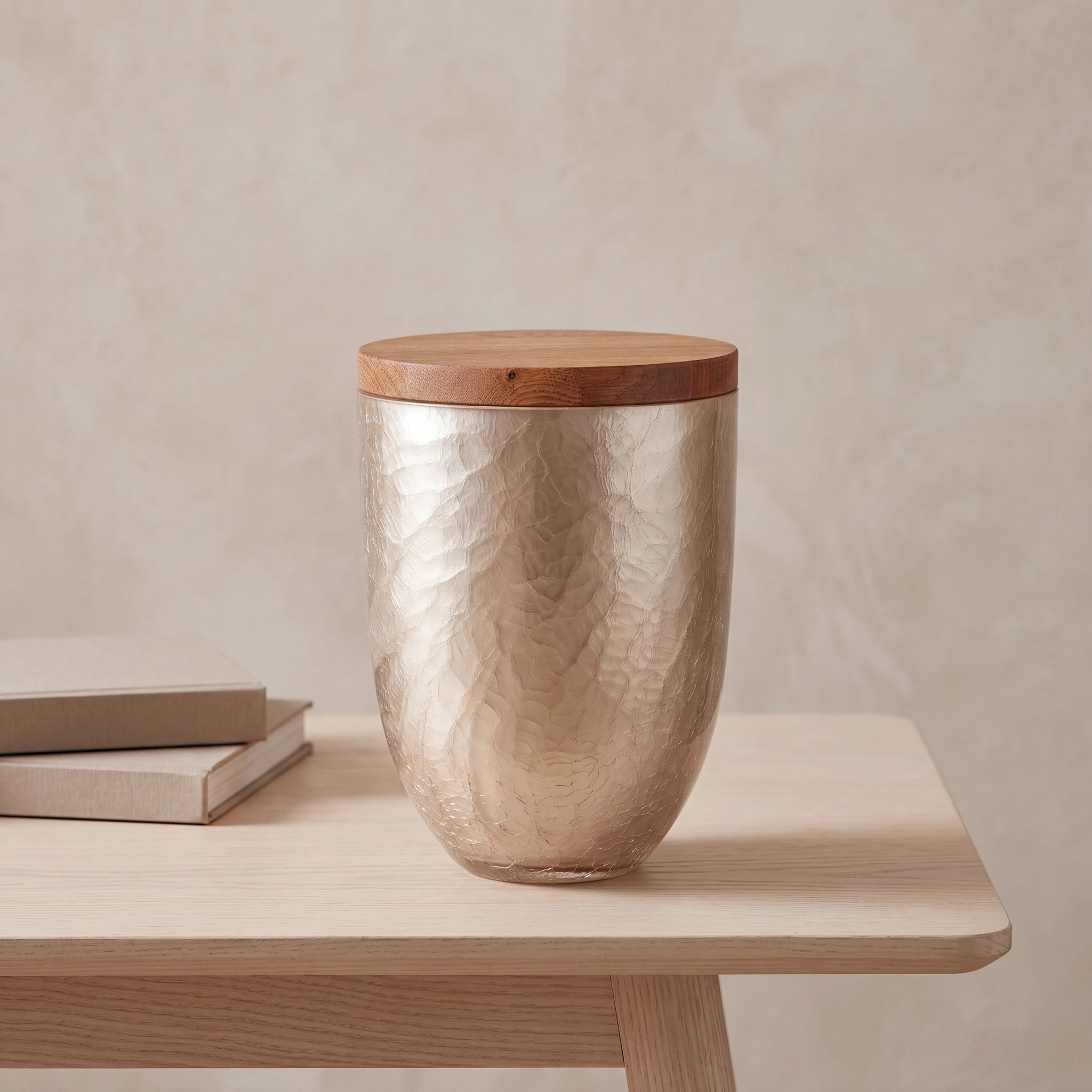 Crystal Adult Cremation Urn for Ashes with Oak Lid in Cappuccino