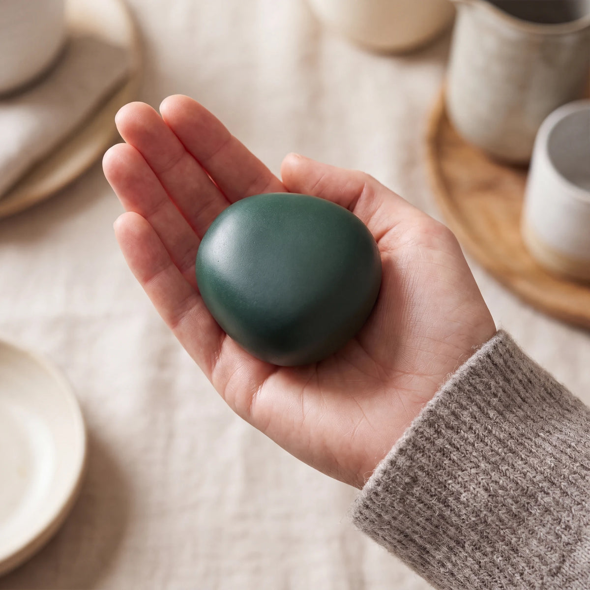 Cuddle-Stone-Keepsake-Urn-for-Ashes-in-Forest-Green-Held-in-Palm