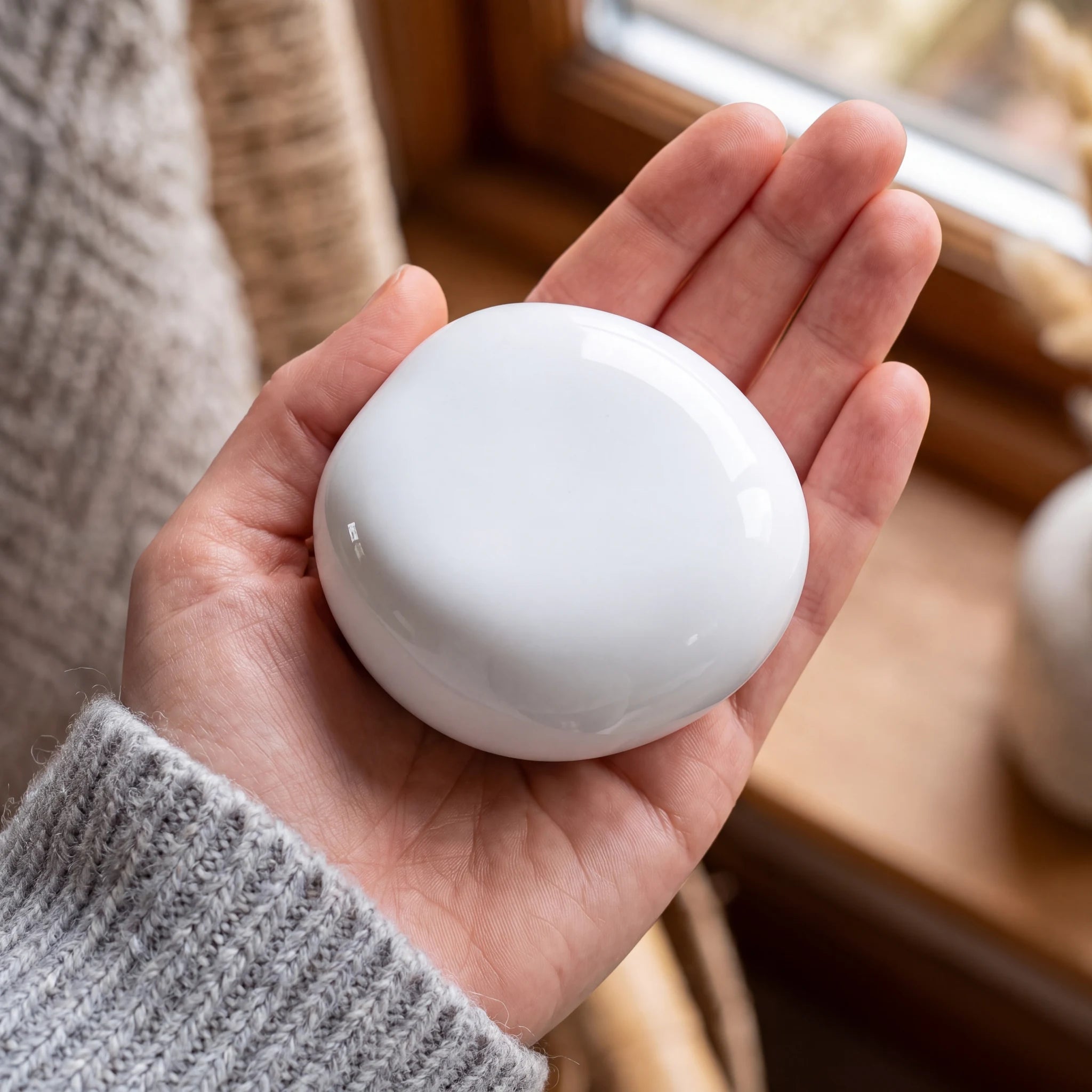 Cuddle-Stone-Keepsake-Urn-for-Ashes-in-Glossy-White-Held-in-Palm