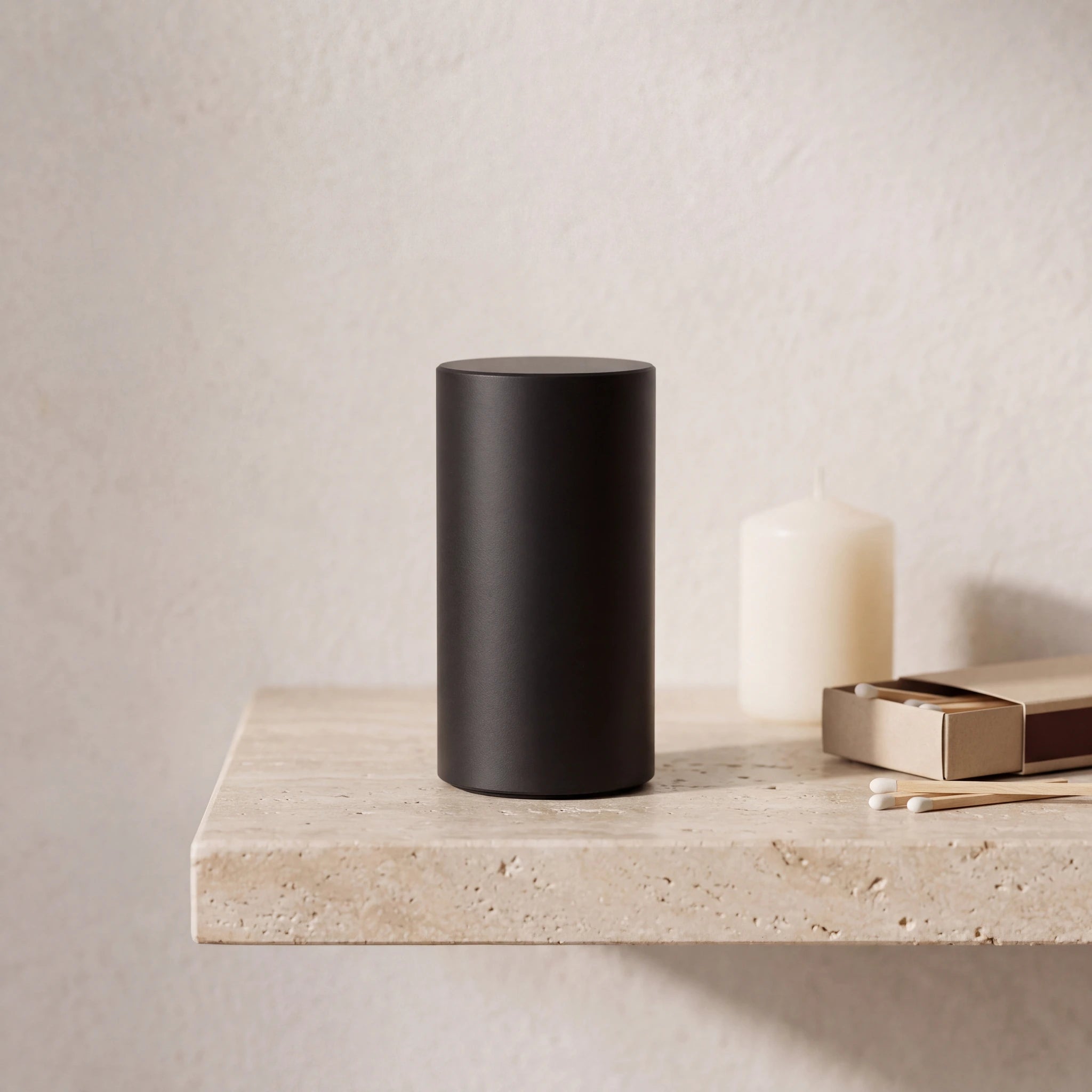 Cylinder-Small-Urn-for-Ashes-in-Matte-Black-Stainless-Steel-keepsake_pillar_matchbox