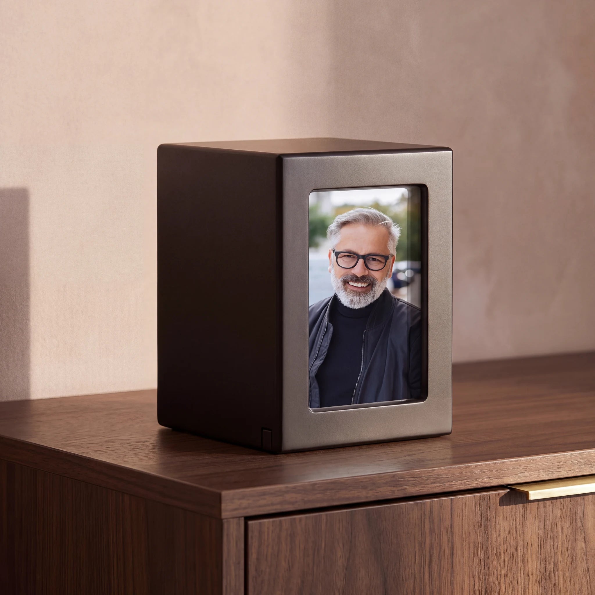 Dark-Wood-Effect-MDF-Photo-Frame-Medium-Urn-for-Ashes-Walnut-Sideboard